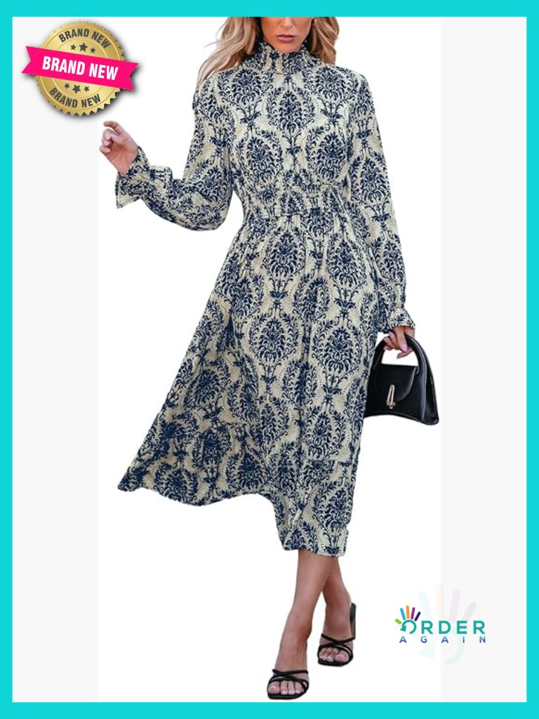 Boho Mock Neck Maxi Dress Long Lantern Sleeve Elastic Waist Paisley Fall
